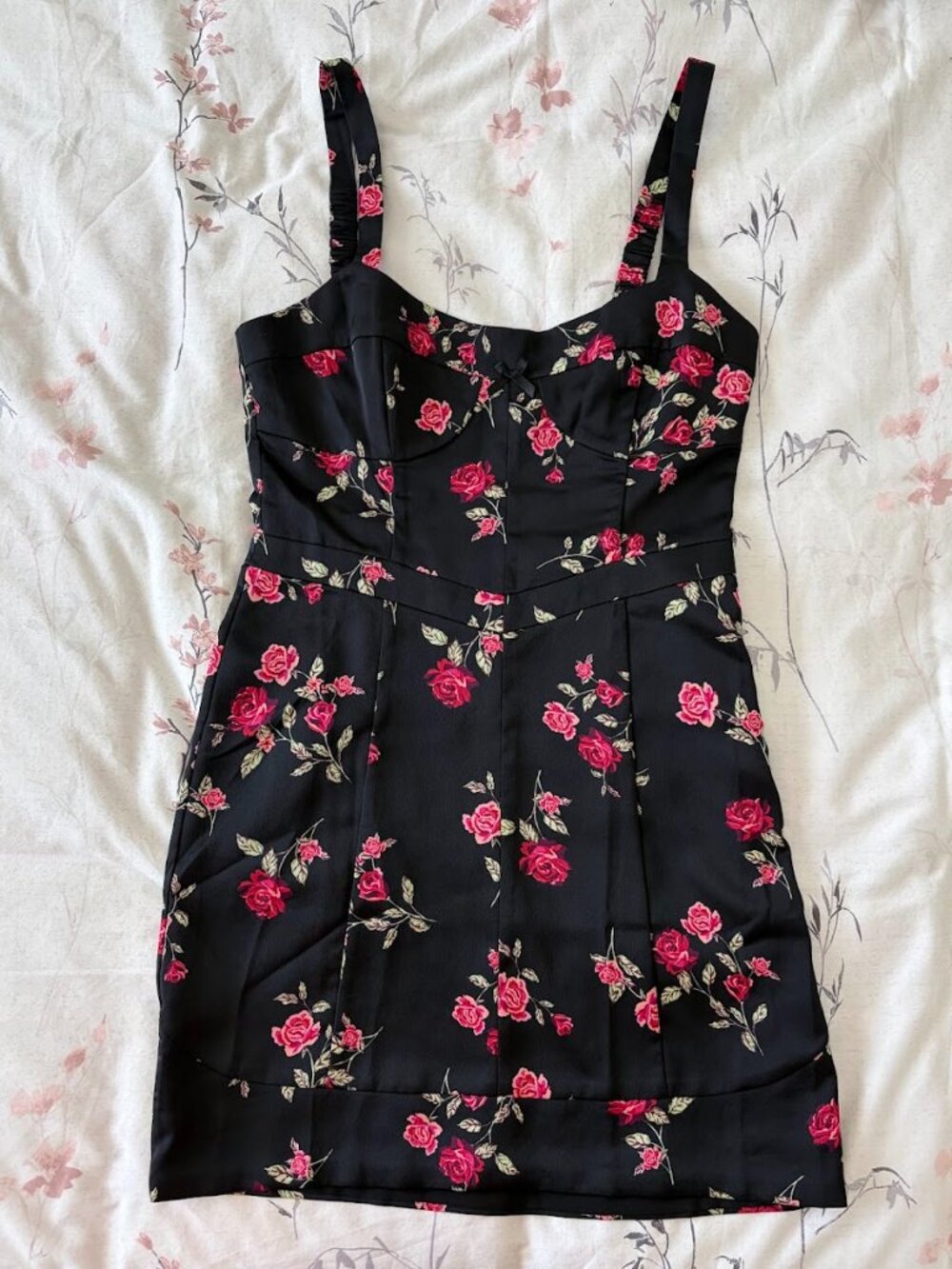 For Love & Lemons,  Love Song Corset Mini Dress Black Rose Floral - Size Small